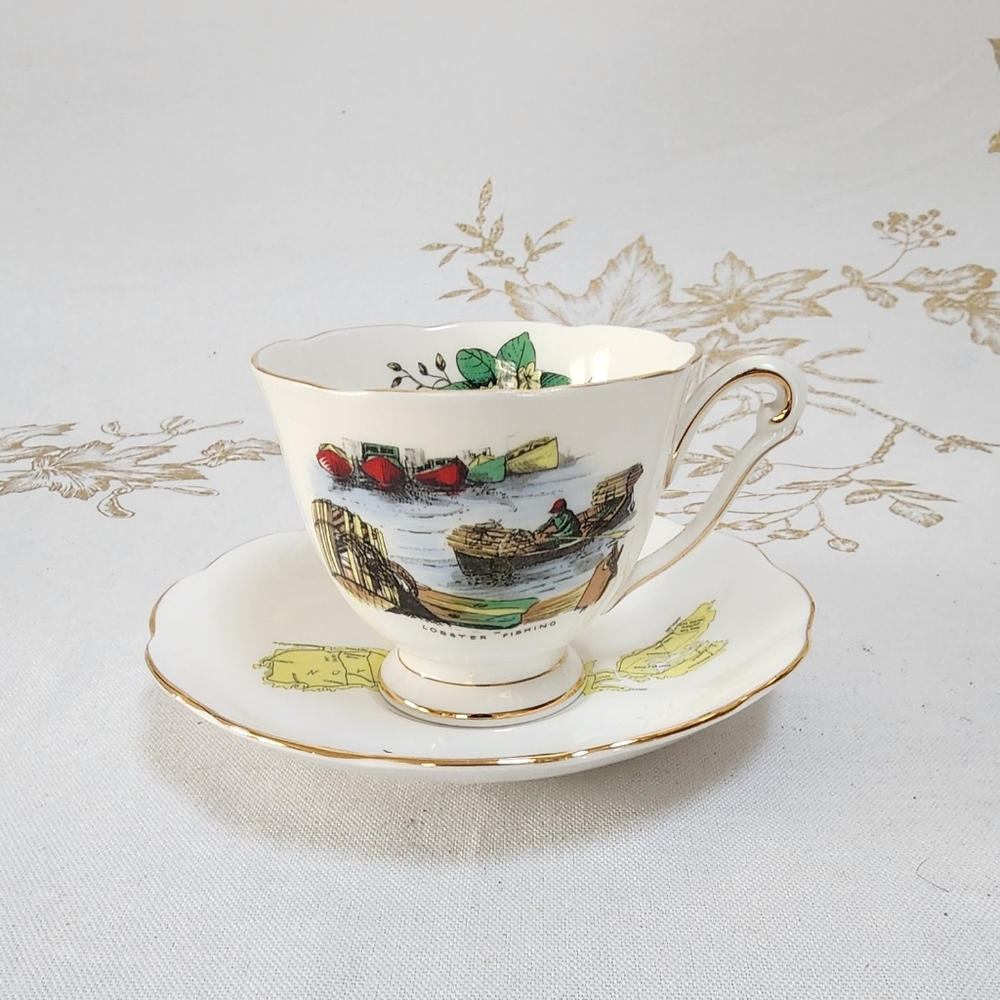 Queen Anne Fine Bone China Teacup & Saucer - Vintage "Nova Scotia Peggy's Cove"